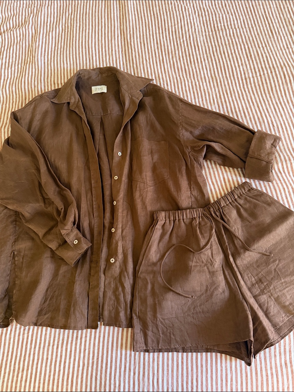DISSH Brown Linen Button-Up Shirt & Elastic Waist Shorts Set